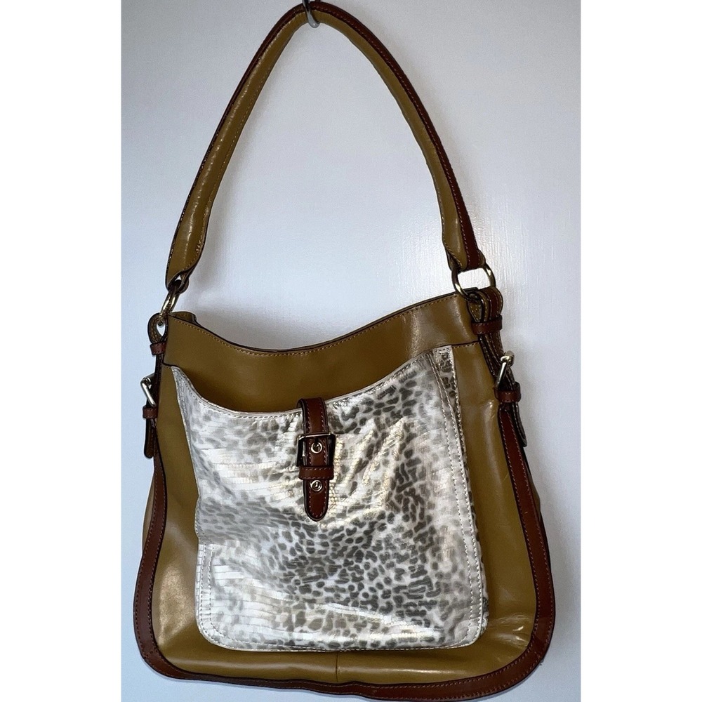 Antonio Melani Brown Leather Shoulder Bag Shimmery Animal Print Front Pocket